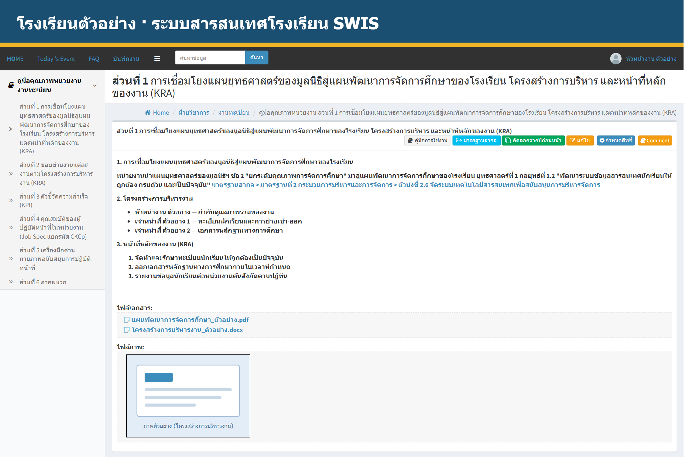 หน้าส่วนที่ 1 — แถบบน (1) เมนูซ้าย 6 ส่วน (2) เส้นทางหน้า (3) กล่องเนื้อหาพร้อมปุ่มเครื่องมือ (4) และเนื้อหาที่บันทึกไว้ (5)