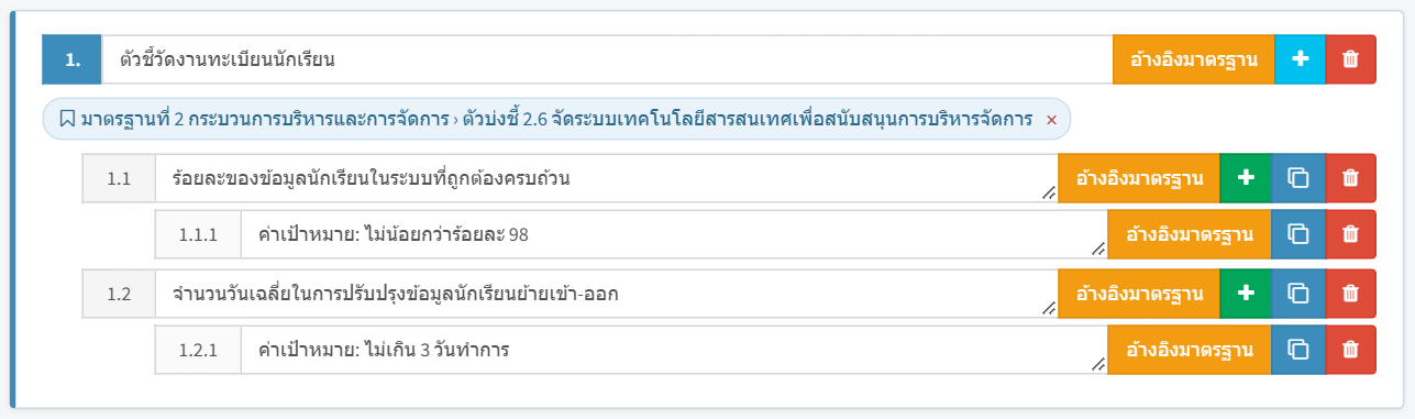 หัวข้อหลัก 1 รายการ — ช่องชื่อ ปุ่ม "อ้างอิงมาตรฐาน" / + / ถังขยะ, ป้ายมาตรฐาน และหัวข้อย่อยด้านใน